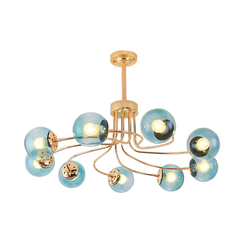 Round Ceiling Chandelier Modern Style Blue/Amber Glass 9 Lights in Gold/Black Hanging Lamp Kit