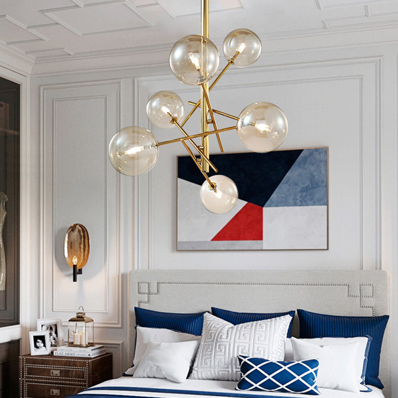 Minimalist Globe Semi Flush Light Cognac Glass 6 Lights Bedroom Semi Flush Mount in Brass