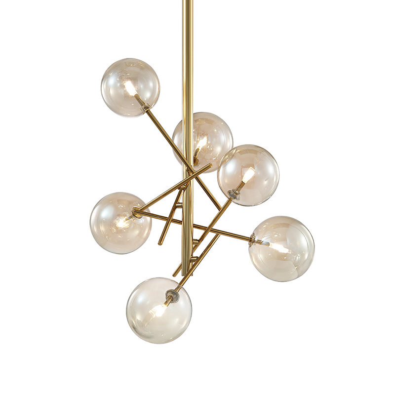 Minimalist Globe Semi Flush Light Cognac Glass 6 Lights Bedroom Semi Flush Mount in Brass