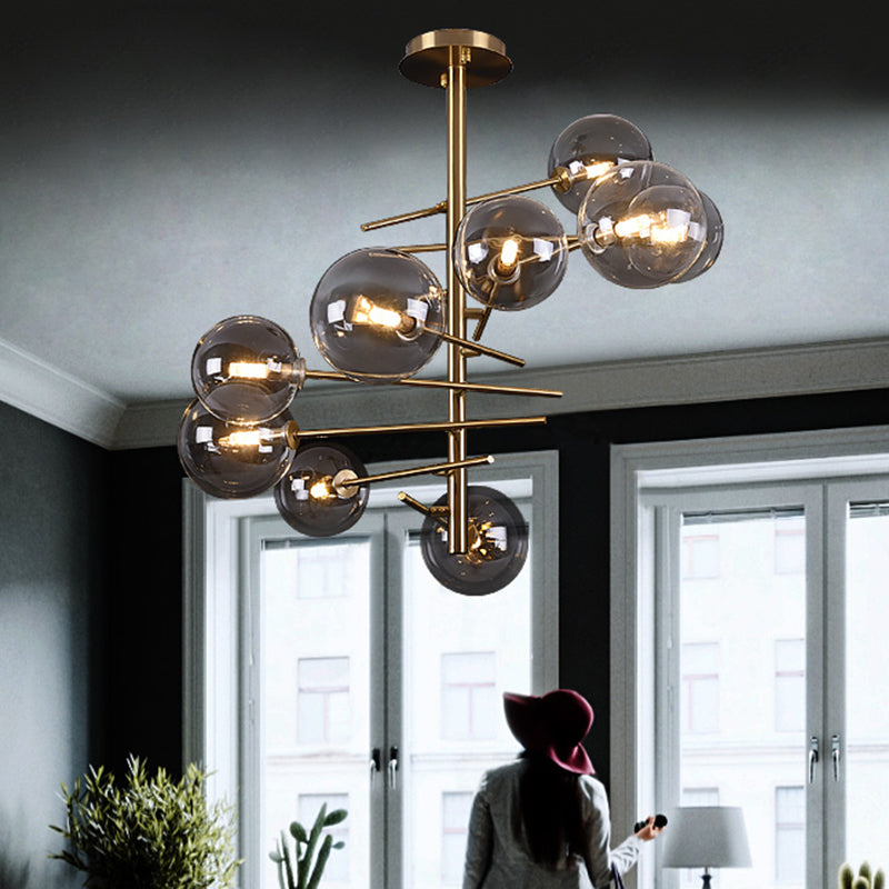 Smoke Gray Glass Semi Flush Light Globe Shaped Minimalist 6/9 Lights Semi Flush Mount in Brass