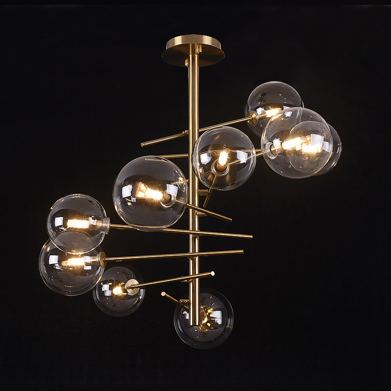 Smoke Gray Glass Semi Flush Light Globe Shaped Minimalist 6/9 Lights Semi Flush Mount in Brass