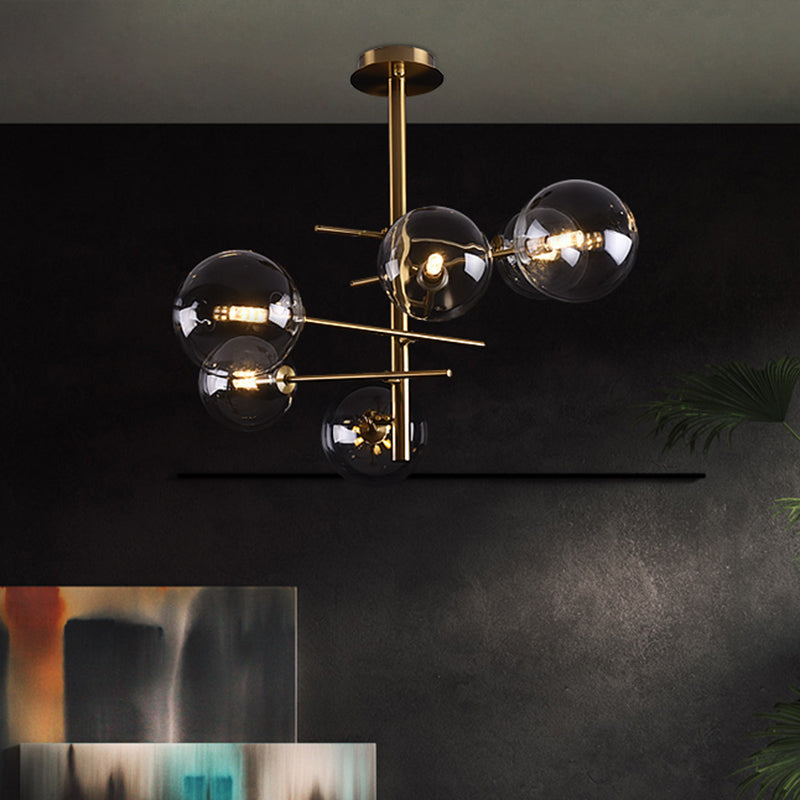 Smoke Gray Glass Semi Flush Light Globe Shaped Minimalist 6/9 Lights Semi Flush Mount in Brass