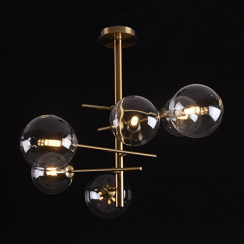 Smoke Gray Glass Semi Flush Light Globe Shaped Minimalist 6/9 Lights Semi Flush Mount in Brass