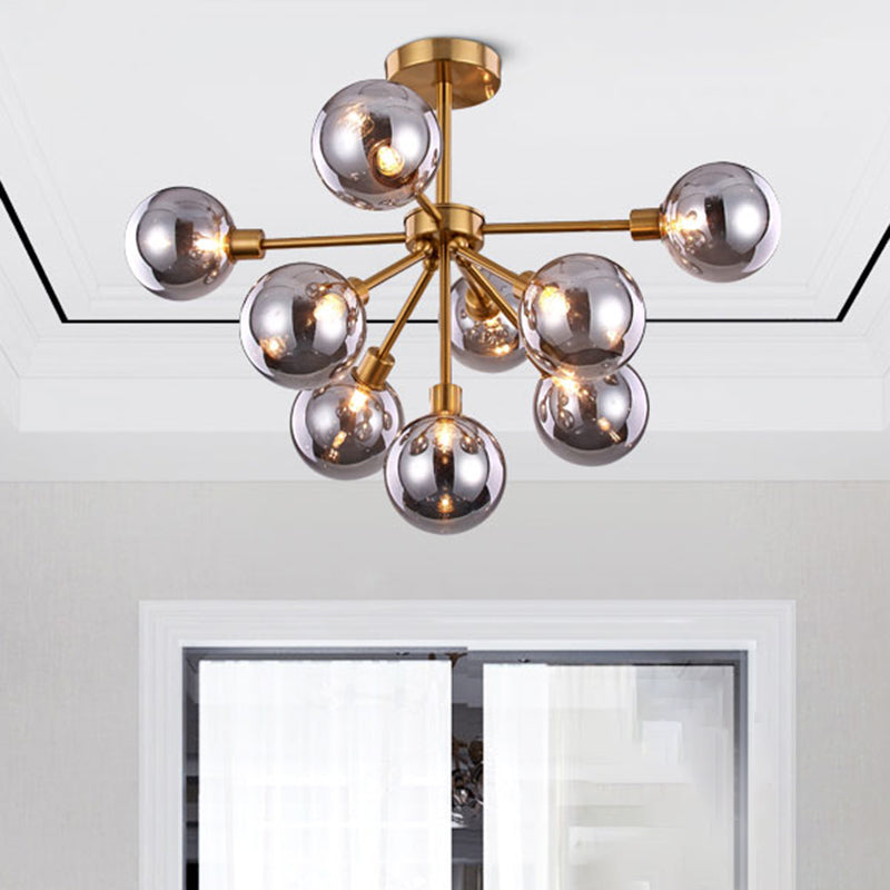 Brass Spherical Semi Flush Mount Minimalist 7/9/10 Lights White/Smoke Gray Glass Semi Flush Chandelier