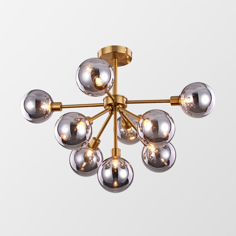 Brass Spherical Semi Flush Mount Minimalist 7/9/10 Lights White/Smoke Gray Glass Semi Flush Chandelier