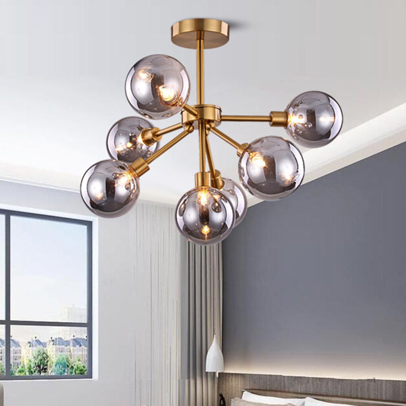 Brass Spherical Semi Flush Mount Minimalist 7/9/10 Lights White/Smoke Gray Glass Semi Flush Chandelier