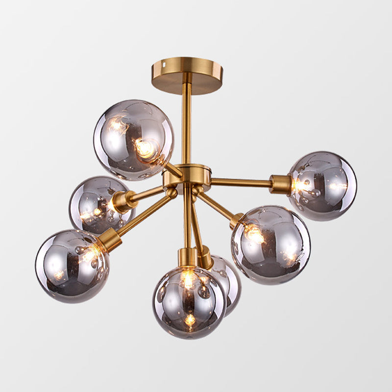 Brass Spherical Semi Flush Mount Minimalist 7/9/10 Lights White/Smoke Gray Glass Semi Flush Chandelier