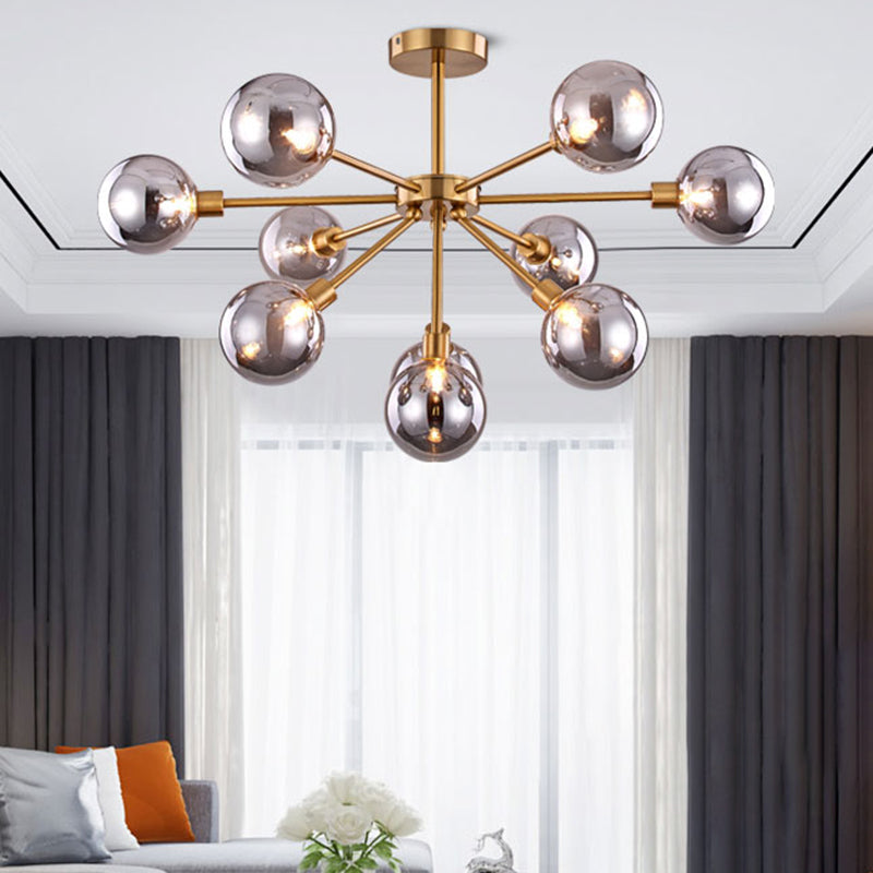 Brass Spherical Semi Flush Mount Minimalist 7/9/10 Lights White/Smoke Gray Glass Semi Flush Chandelier