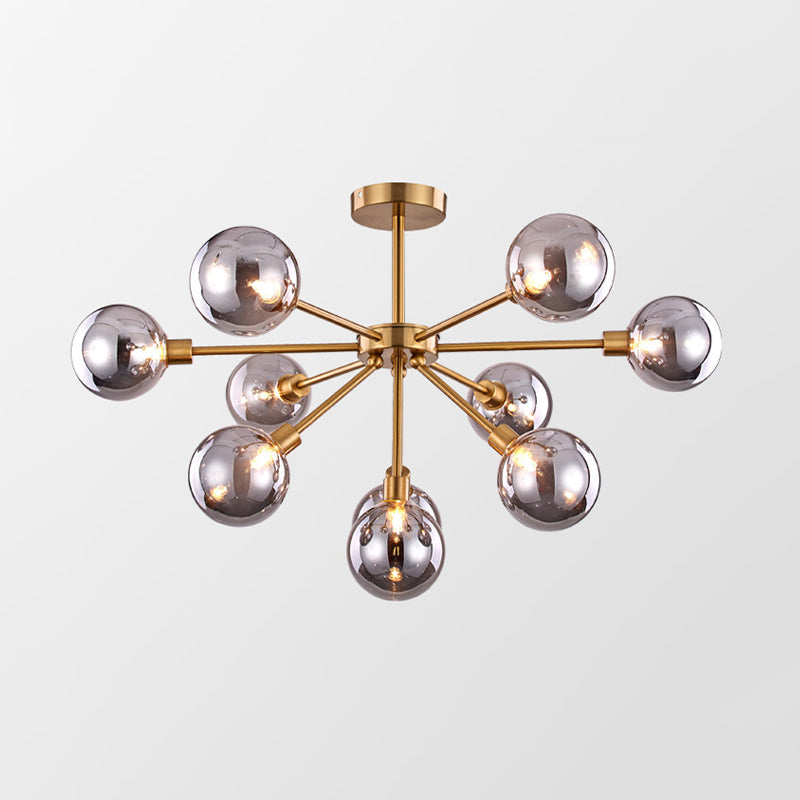 Brass Spherical Semi Flush Mount Minimalist 7/9/10 Lights White/Smoke Gray Glass Semi Flush Chandelier