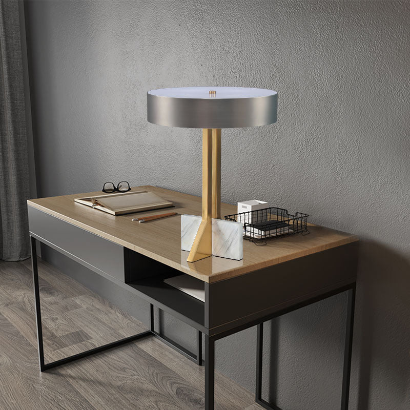 Round LED Table Lamp Postmodern Metal Black and Gold Nightstand Light with Marble Quadpod