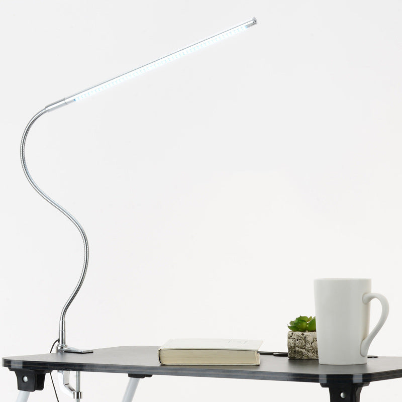 Adjustable Linear Metal Task Lamp Modern LED Silver Desk Light with Clamp for Study Room