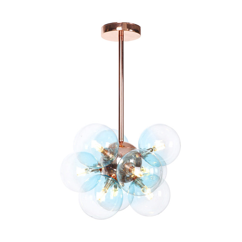 Globe Semi Flush Lighting Minimalist White/Green/Blue Glass 9 Lights Copper Ceiling Mounted Fixture