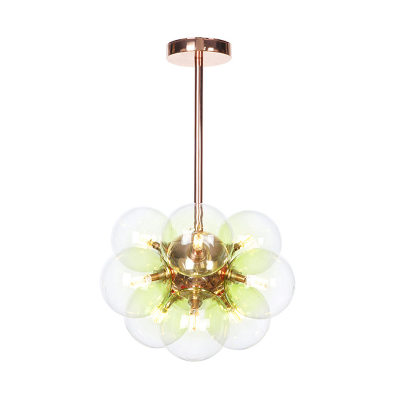 Globe Semi Flush Lighting Minimalist White/Green/Blue Glass 9 Lights Copper Ceiling Mounted Fixture