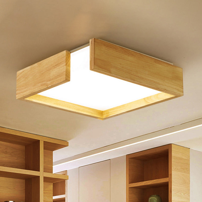 Square Natural Wood Flush Lighting Simplicity LED Beige Ceiling Light Fixture in Warm/White Light, 16"/20.5"/25.5" W