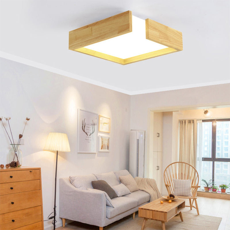 Square Natural Wood Flush Lighting Simplicity LED Beige Ceiling Light Fixture in Warm/White Light, 16"/20.5"/25.5" W