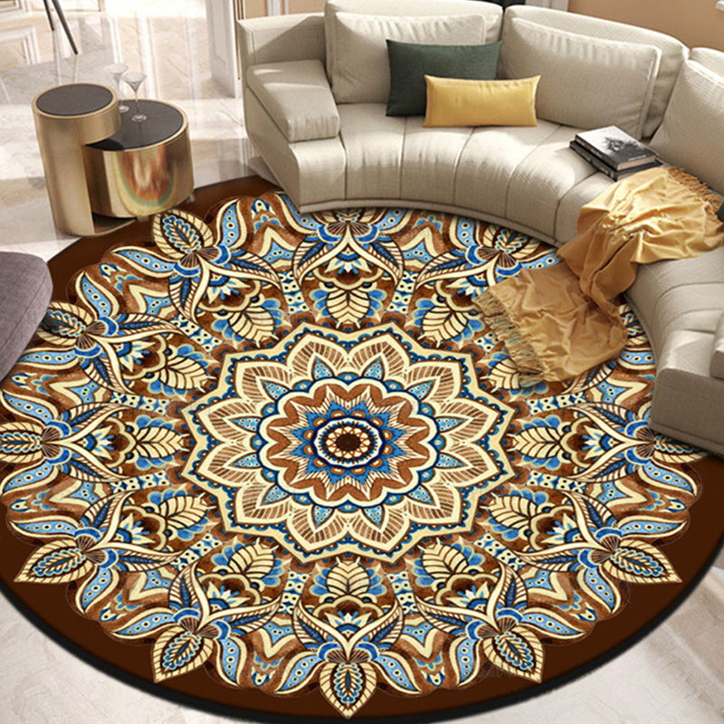 Round Multicolor Floral Print Rug Polyester Carpet Retro Anti-Slip Backing Indoor Rug for Home Decor