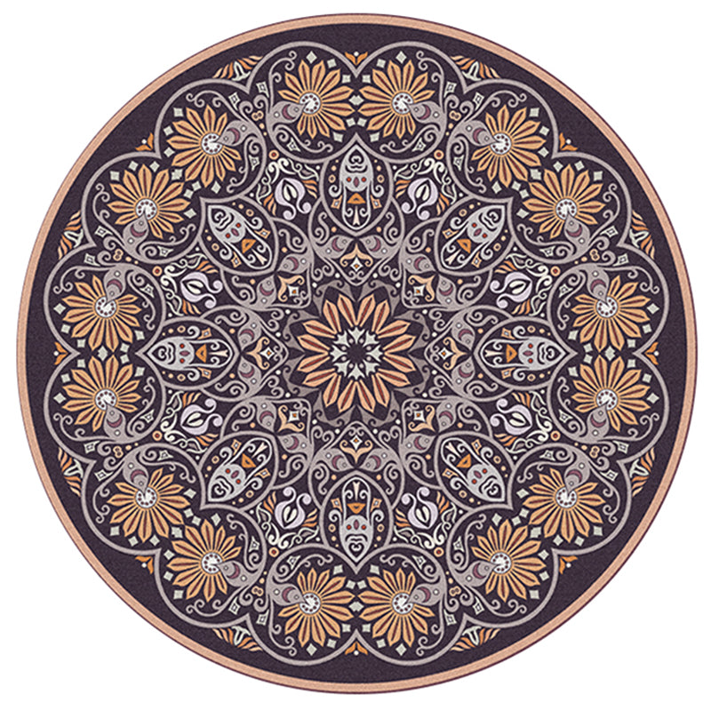 Round Multicolor Floral Print Rug Polyester Carpet Retro Anti-Slip Backing Indoor Rug for Home Decor