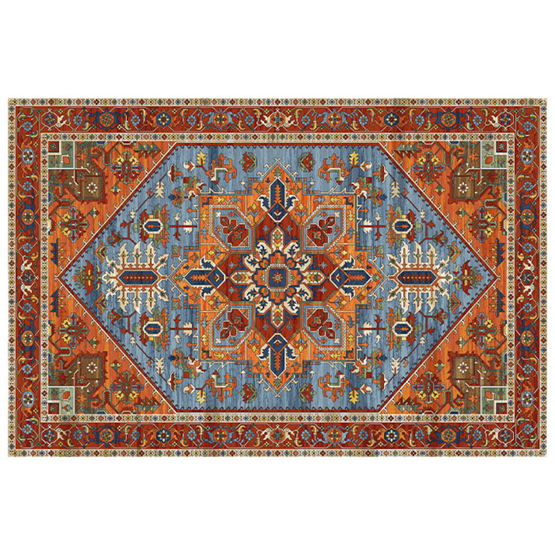 Red Tone Floral Print Rug Polyester Carpet Antique Anti-Slip Backing Indoor Rug for Living Room