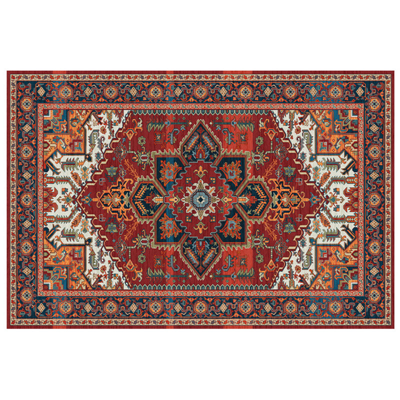 Red Tone Floral Print Rug Polyester Carpet Antique Anti-Slip Backing Indoor Rug for Living Room