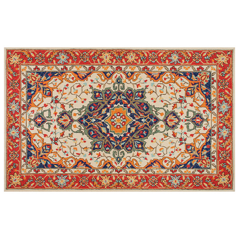 Red Tone Floral Print Rug Polyester Carpet Antique Anti-Slip Backing Indoor Rug for Living Room