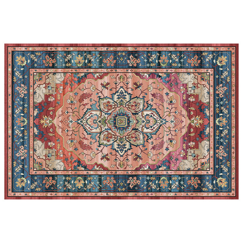 Red Tone Floral Print Rug Polyester Carpet Antique Anti-Slip Backing Indoor Rug for Living Room