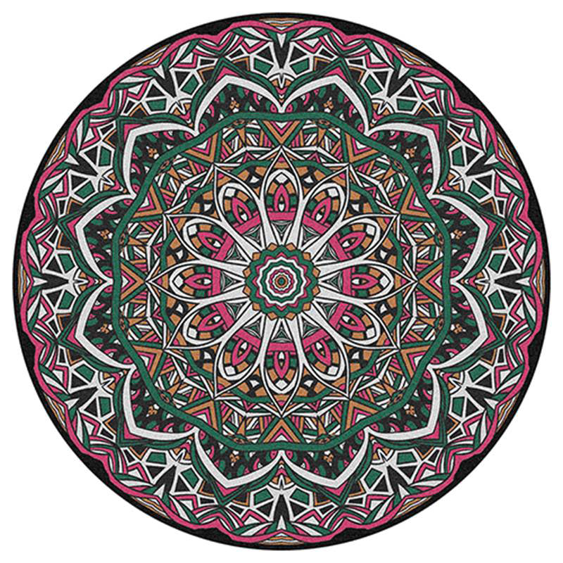 Round Multicolor Flower Print Rug Polyester Carpet Retro Anti-Slip Backing Indoor Rug for Bedroom