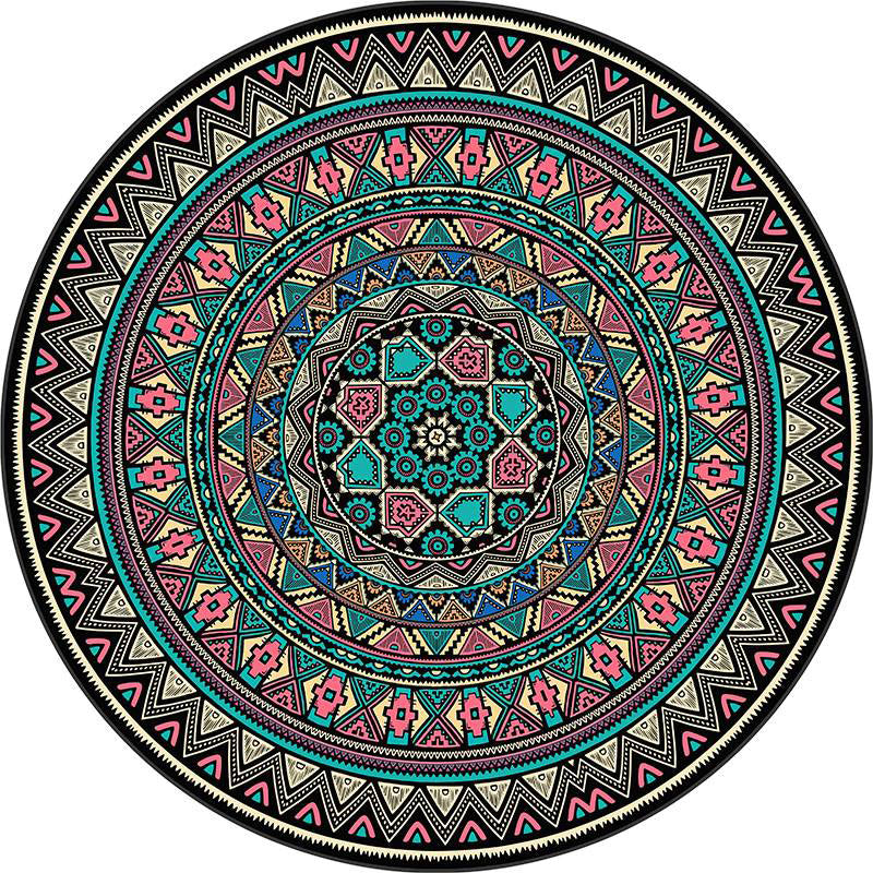 Round Multicolor Flower Print Rug Polyester Carpet Retro Anti-Slip Backing Indoor Rug for Bedroom