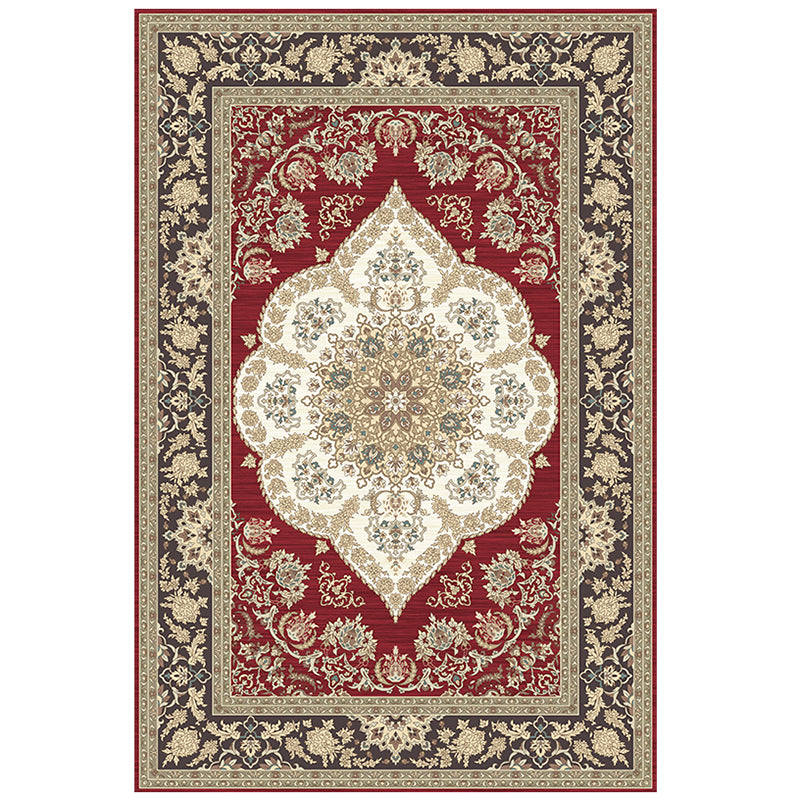 Moroccan Symmetrical Printed Rug Red Tone Polyester Area Carpet Non-Slip Backing Rug for Living Room