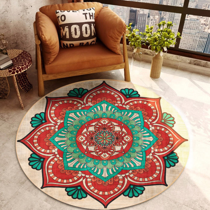 Round Multicolor Concentric Circle Rug Polyester Retro Carpet Easy Care Indoor Rug for Living Room