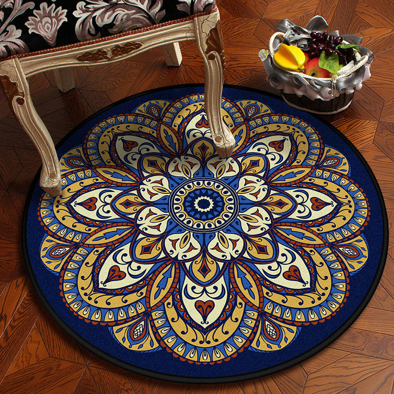 Round Multicolor Antique Area Carpet Polyester Floral Printing Rug Easy Care Carpet for Living Room