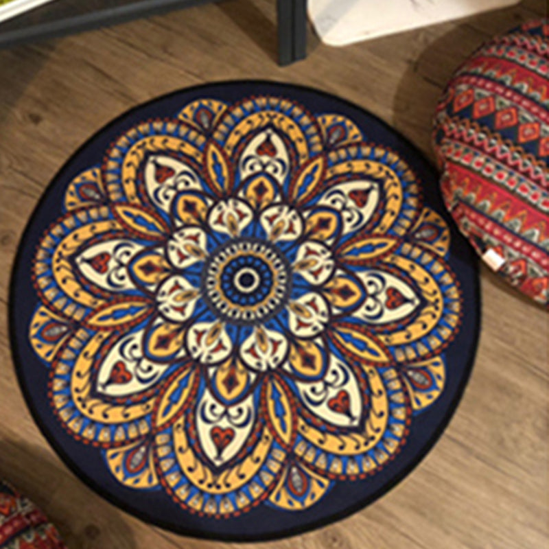 Round Multicolor Antique Area Carpet Polyester Floral Printing Rug Easy Care Carpet for Living Room