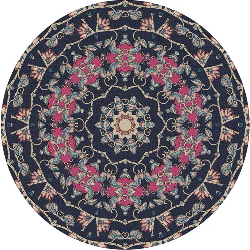 Round Multicolor Persian Indoor Rug Polyester Floral Print Carpet Easy Care Rug for Home Decoration