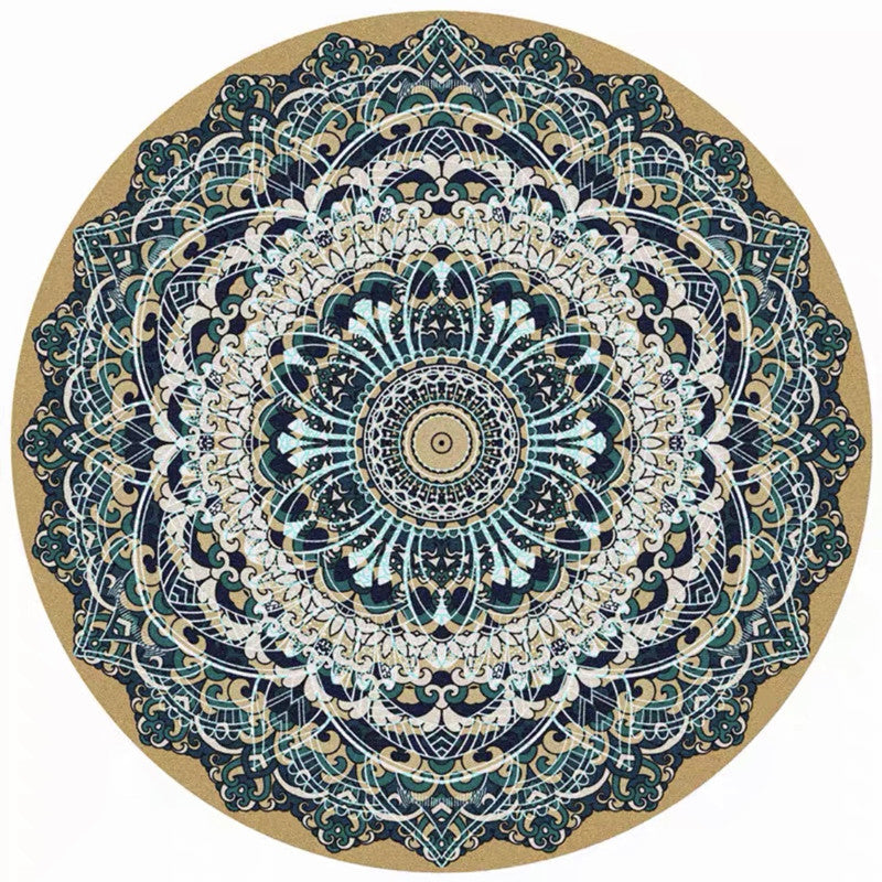 Round Multicolor Persian Indoor Rug Polyester Floral Print Carpet Easy Care Rug for Home Decoration