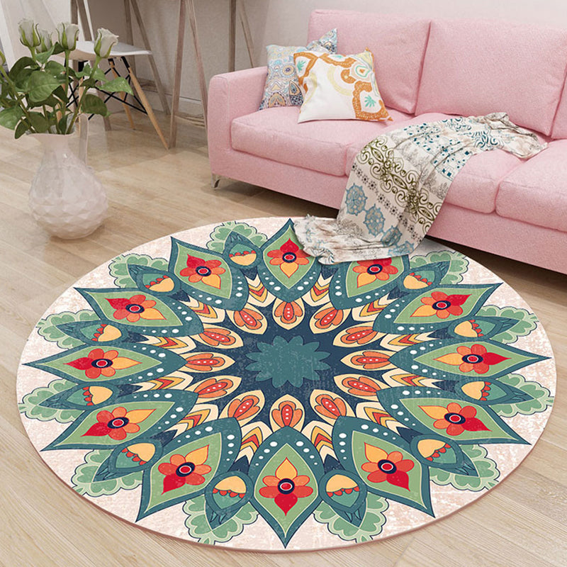 Round Color Mixed Floral Print Rug Polyester Persian Carpet Washable Indoor Rug for Living Room