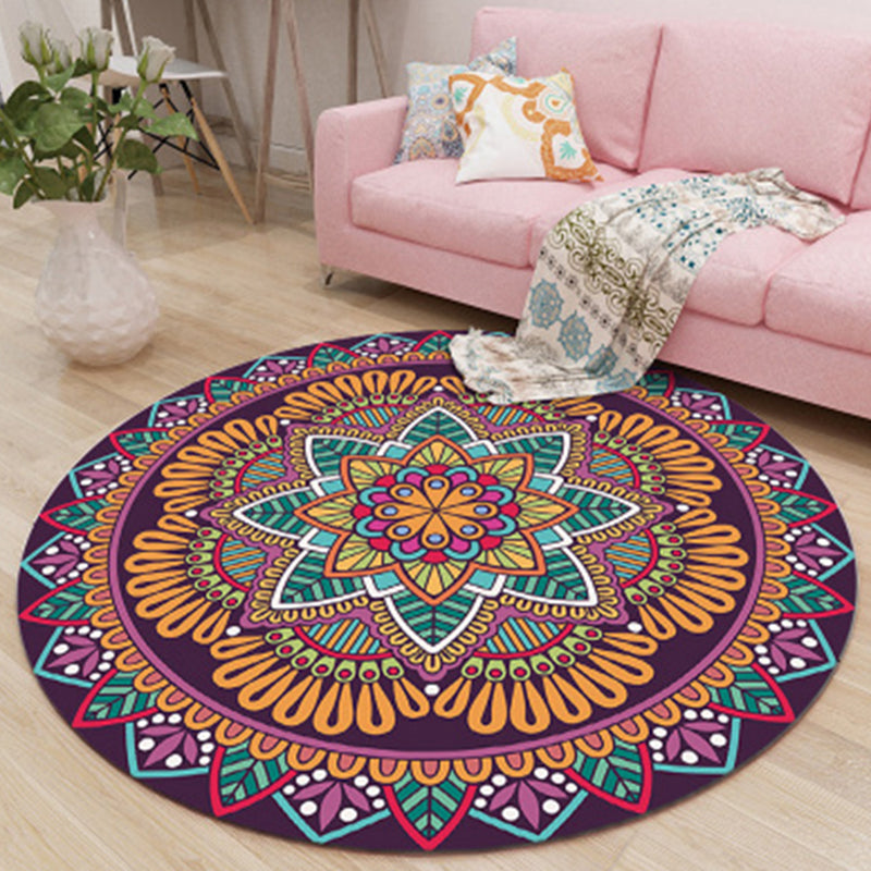 Round Color Mixed Floral Print Rug Polyester Persian Carpet Washable Indoor Rug for Living Room