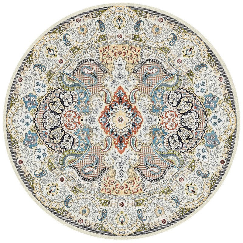 Round Multicolor Ethnic Print Rug Polyester Carpet Antique Washable Indoor Rug for Living Room