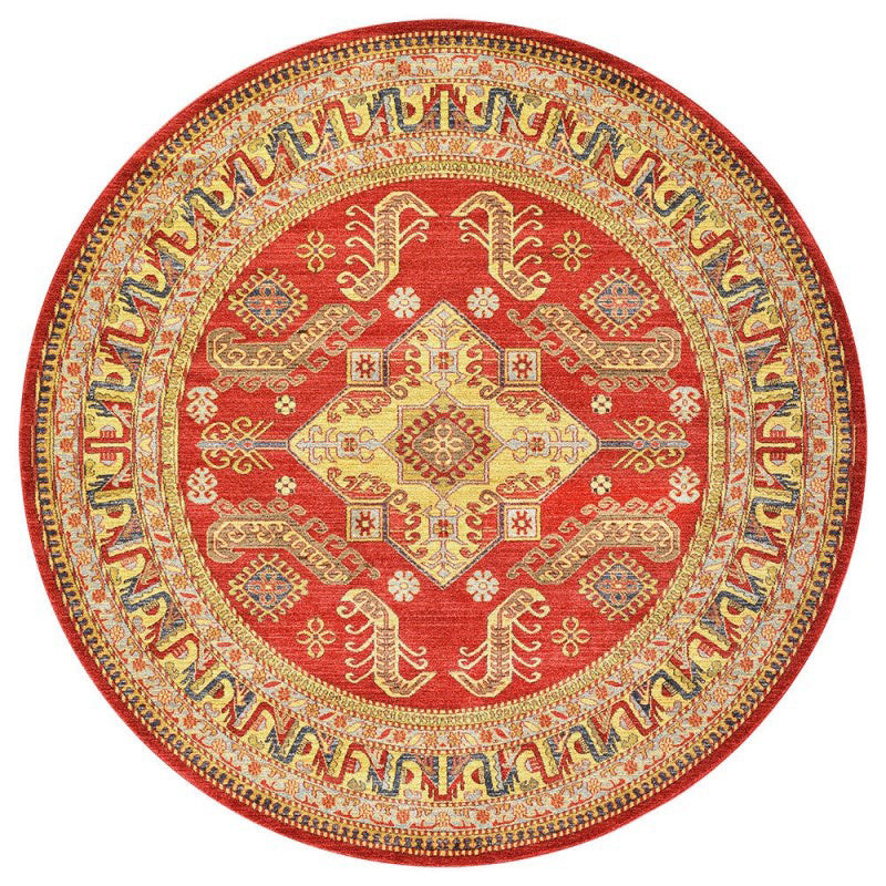 Round Multicolor Ethnic Print Rug Polyester Carpet Antique Washable Indoor Rug for Living Room