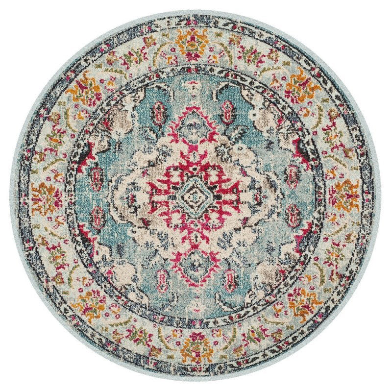 Round Multicolor Ethnic Print Rug Polyester Carpet Antique Washable Indoor Rug for Living Room