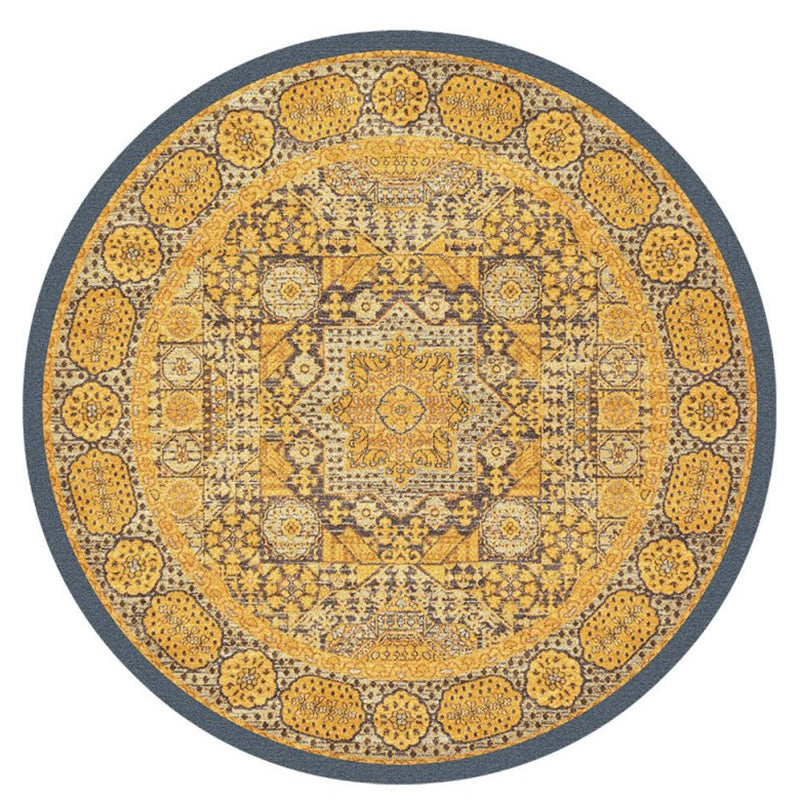 Round Multicolor Ethnic Print Rug Polyester Carpet Antique Washable Indoor Rug for Living Room