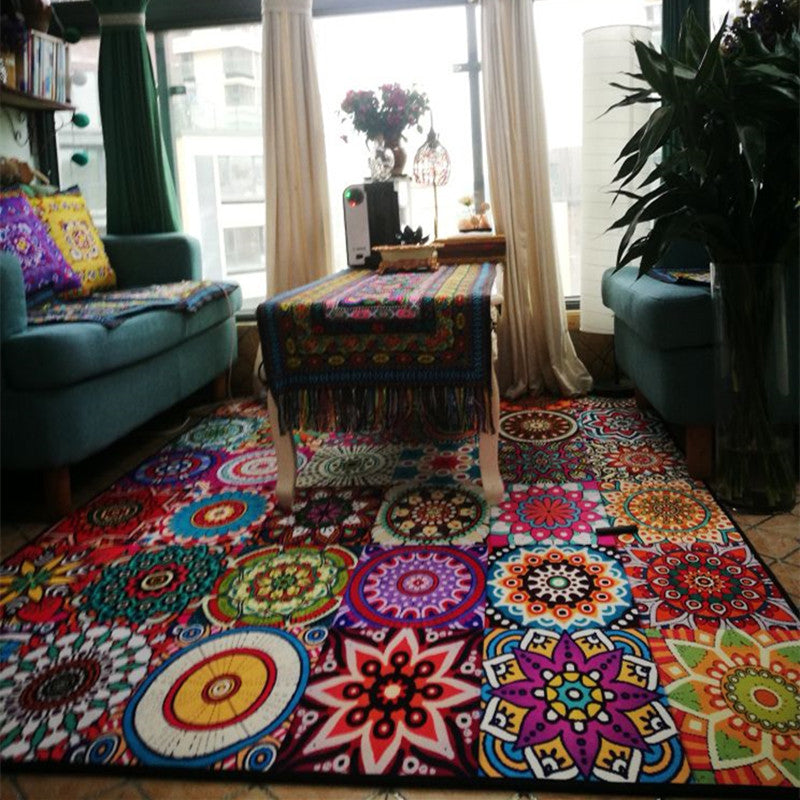 Multicolor Home Decoration Carpet Retro Moroccan Tile Area Rug Polyester with Non-Slip Backing Rug