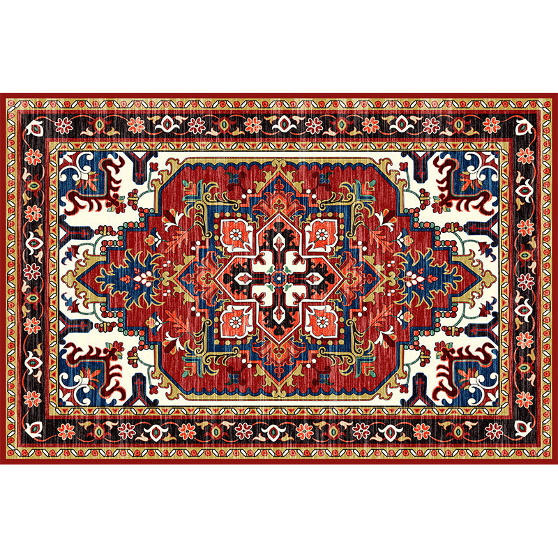 Red Tone Moroccan Area Rug Polyester Ethnic Print Indoor Rug Anti-Slip Backing Carpet for Home Decor