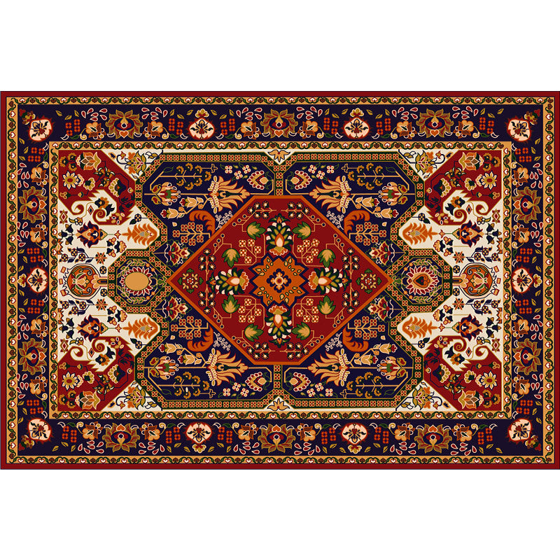 Red Tone Moroccan Area Rug Polyester Ethnic Print Indoor Rug Anti-Slip Backing Carpet for Home Decor