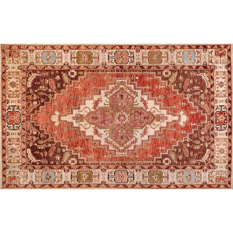 Red Tone Moroccan Area Rug Polyester Ethnic Print Indoor Rug Anti-Slip Backing Carpet for Home Decor