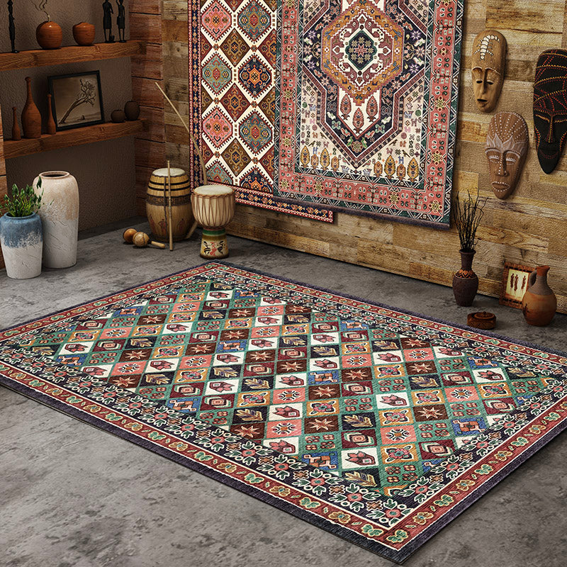 Red Tone Persian Carpet Polyester Moroccan Tile Indoor Rug Anti-Slip Backing Rug for Living Room