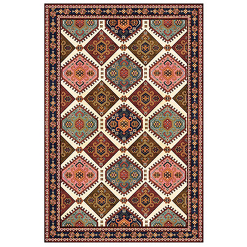 Red Tone Persian Carpet Polyester Moroccan Tile Indoor Rug Anti-Slip Backing Rug for Living Room