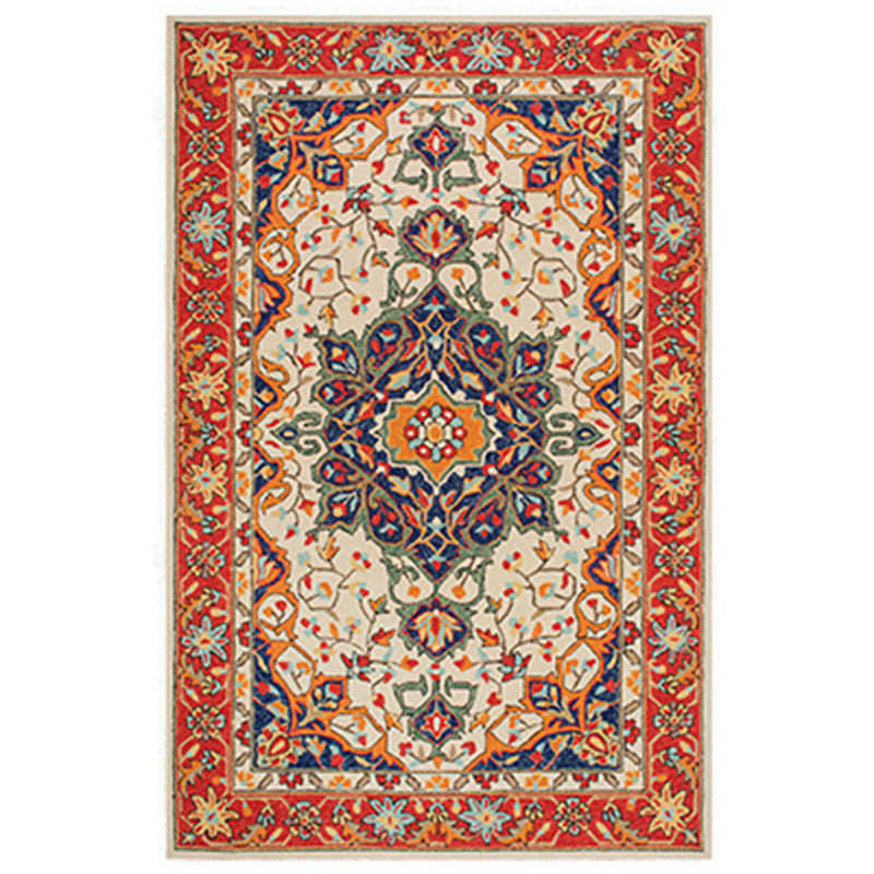 Red Tone Persian Carpet Polyester Moroccan Tile Indoor Rug Anti-Slip Backing Rug for Living Room