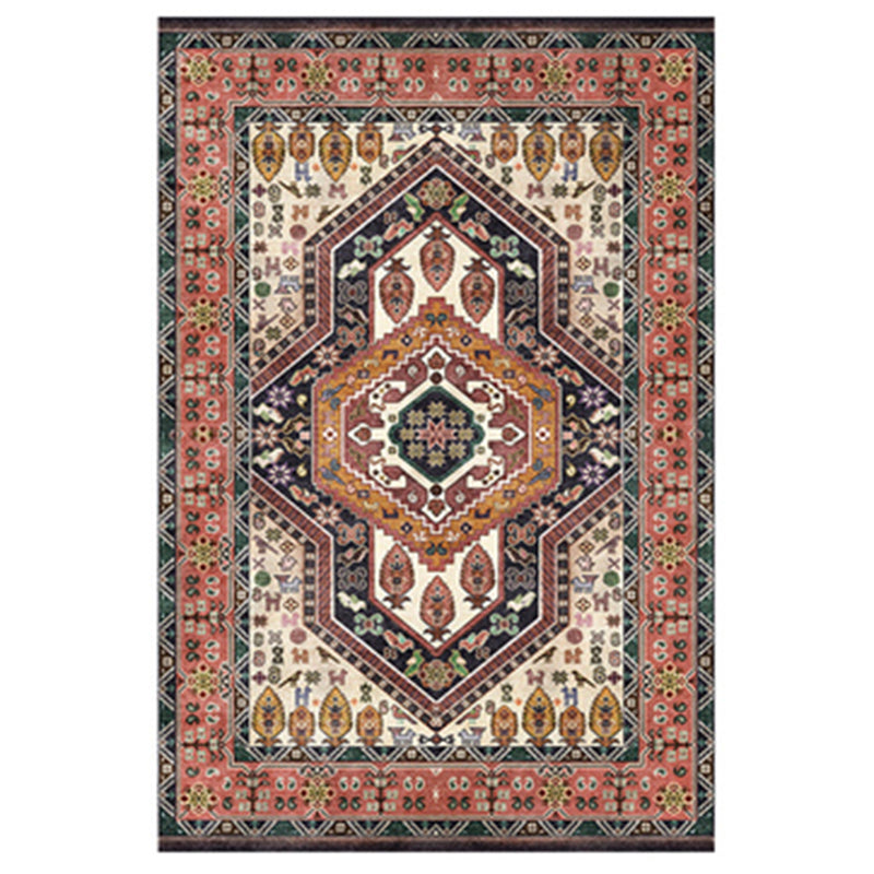 Red Tone Persian Carpet Polyester Moroccan Tile Indoor Rug Anti-Slip Backing Rug for Living Room