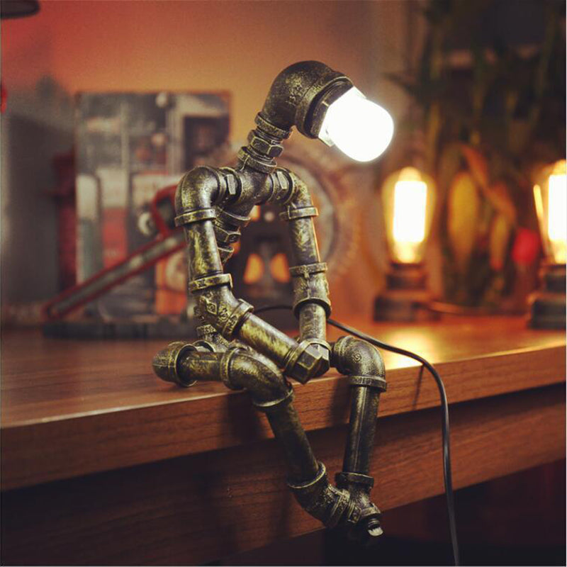 Steampunk Robot Pipe Night Light 1 Head Wrought Iron Table Light for Boys Bedroom