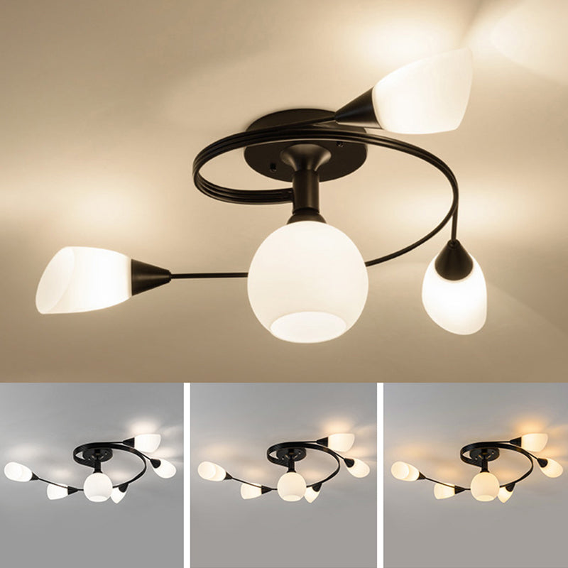 Spiral Semi Flush Mount Lightture Traditional Milk Glack Glass De plafond Lights For Living Room