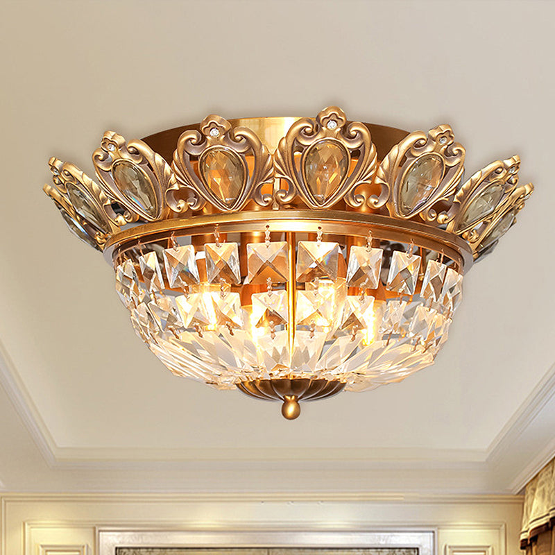 Modern Basket Crystal Block Ceiling Light 4 Heads Flush Mount Lighting in Gold for Living Room